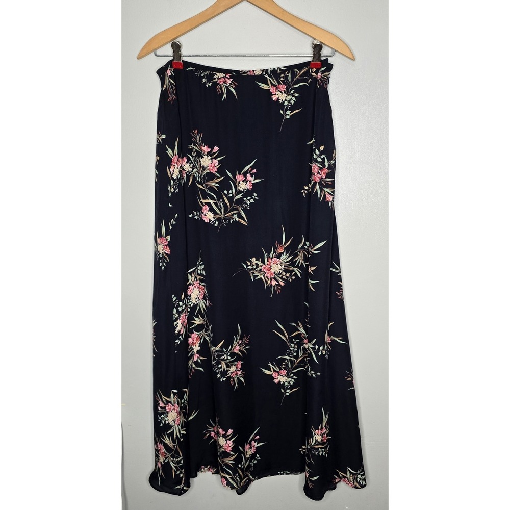 Lauren Ralph Lauren 100% Silk Floral Navy Flowy Maxi Skirt Fairycore Fest Sz 10